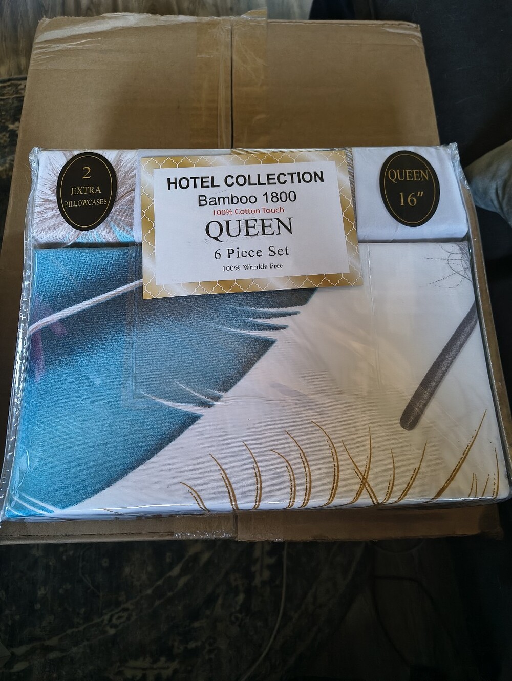 Hotel Collection Queen 6-Piece Sheet Set in Teal, White and Gold Feather Print